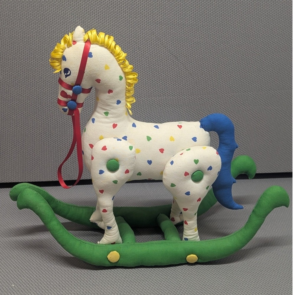 Vintage Plush Rocking Horse Heart Pattern Nursery Playroom Decor Colorful Whimsy